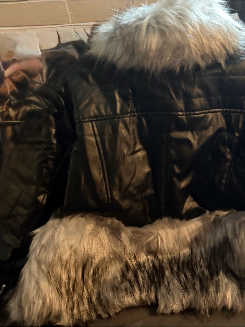 Women's Black Faux Leather Jacket with Gray Faux Fur Trim